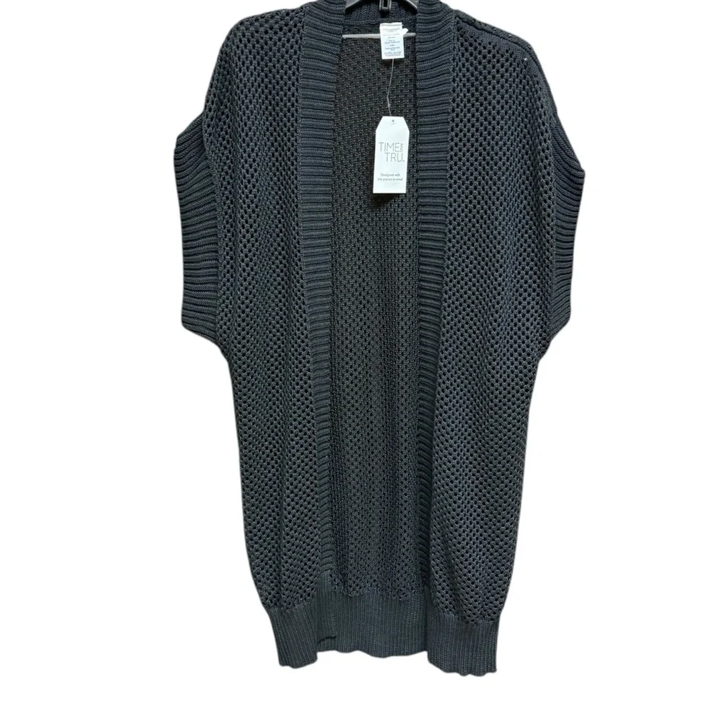 Time & Tru Black Open Knit Crochet Ruana L-XL‎ NWT